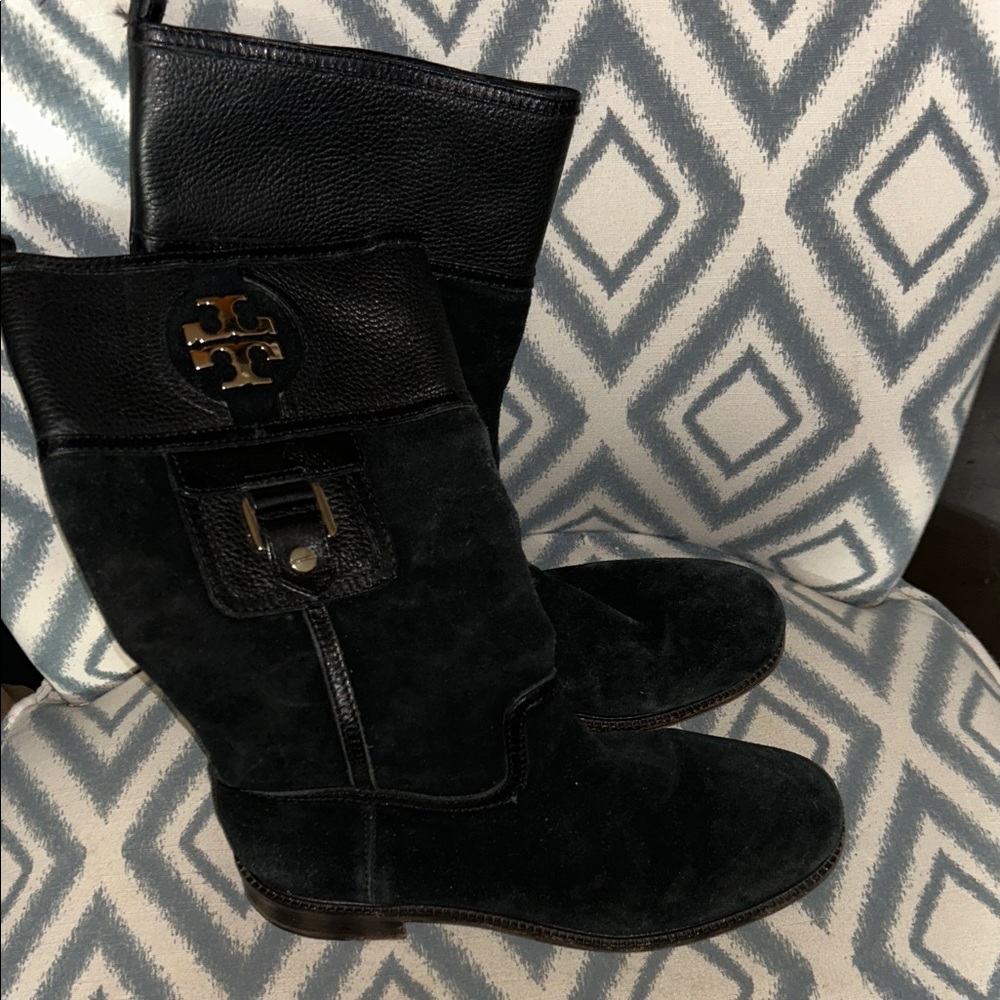Tory Burch Black Suede Mid-Calf Boots with‎ Logo Hardware 9